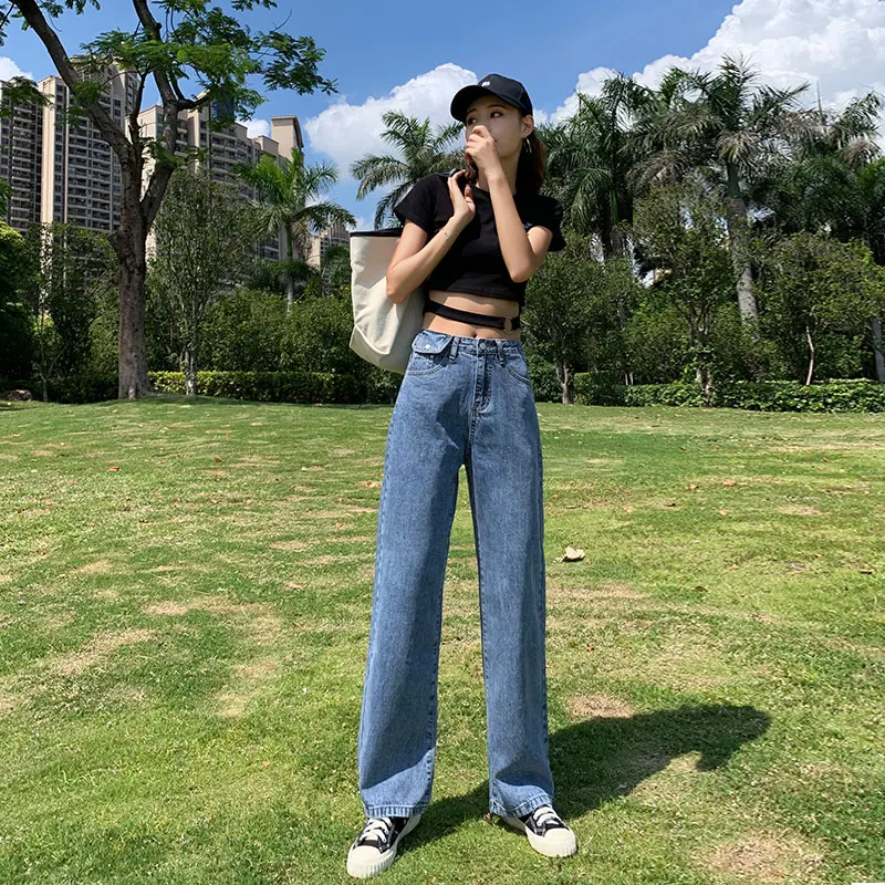 

TongSiHai Jeans Women Ladies Summer High Waist Straight Wide Leg Denim Pants Girls Vintage Blue Streetwear Vaqueros Mujer