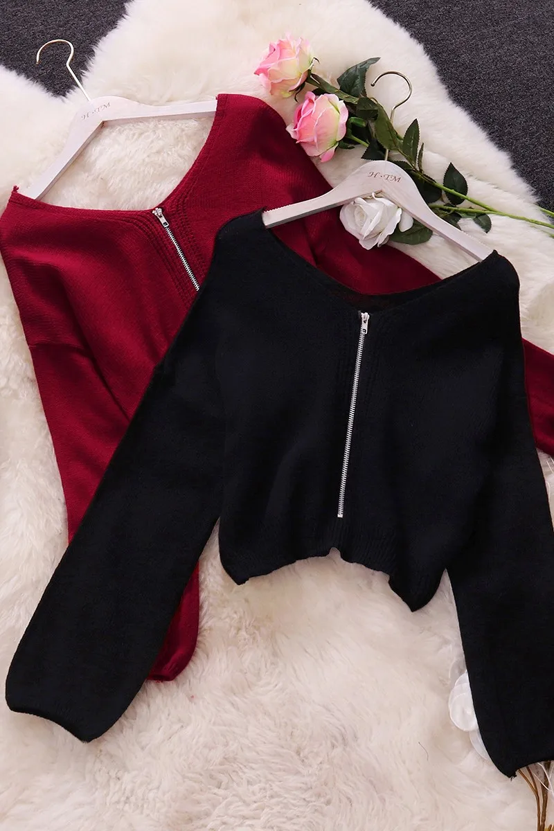 

2020 Autumn Long Sleeve Winter Tops For Women Casual Chic Zipper Knitted Sweater Women White Black Korean Short Sweaters Womens