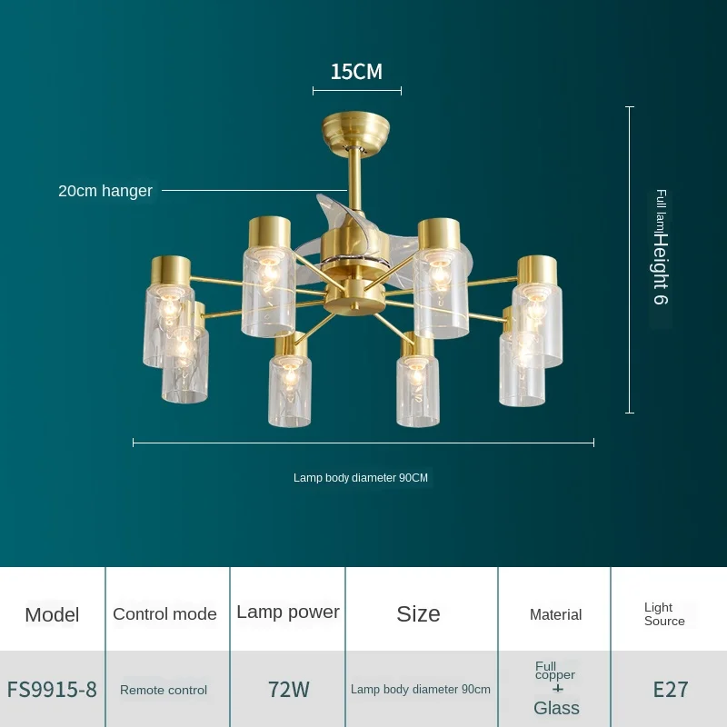 

Crystal Led Ceiling Fan 42 inch lamps lamp remote control copper Invisible Simple home living room three color