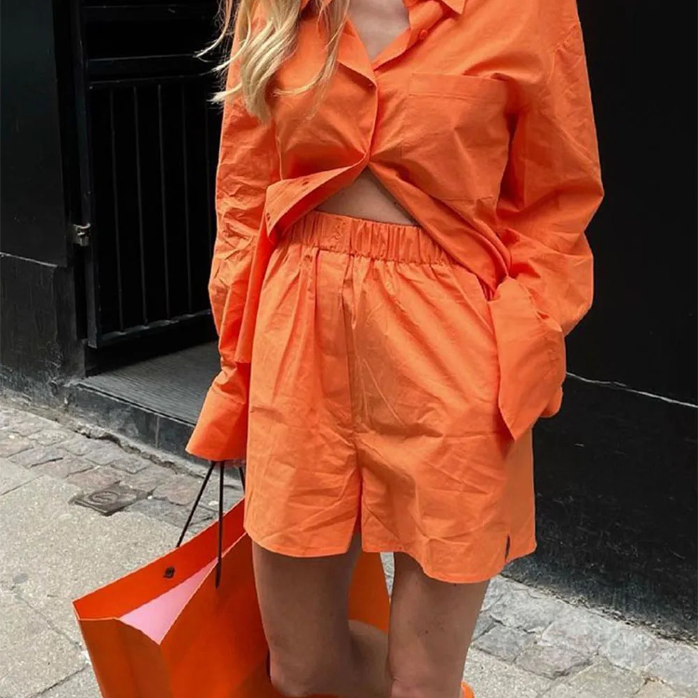 

Шорты женские базовые с боковыми карманами, модные оранжевые винтажные короткие брюки с высокой эластичной талией и разрезом, 2021