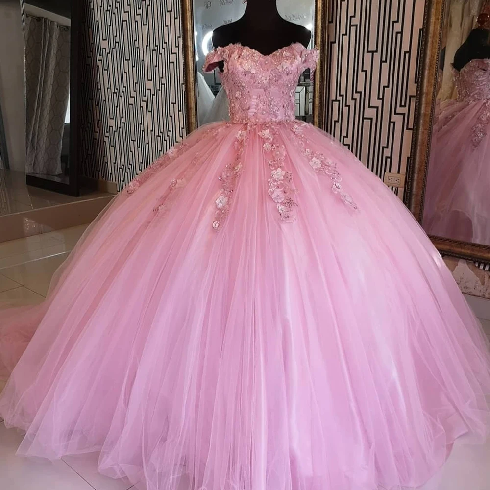 

Милое розовое платье Quinceanera 2021 с 3D цветами, милое платье 16 на день рождения, выпускной бал, бисером, низкой спиной, длинным шлейфом, конкурс на...