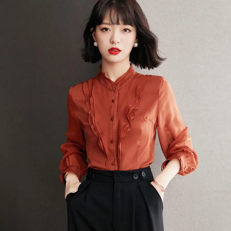 

Женская шифоновая рубашка с рюшами, офисная блузка с длинным рукавом, на пуговицах, в винтажном стиле, осень 2021