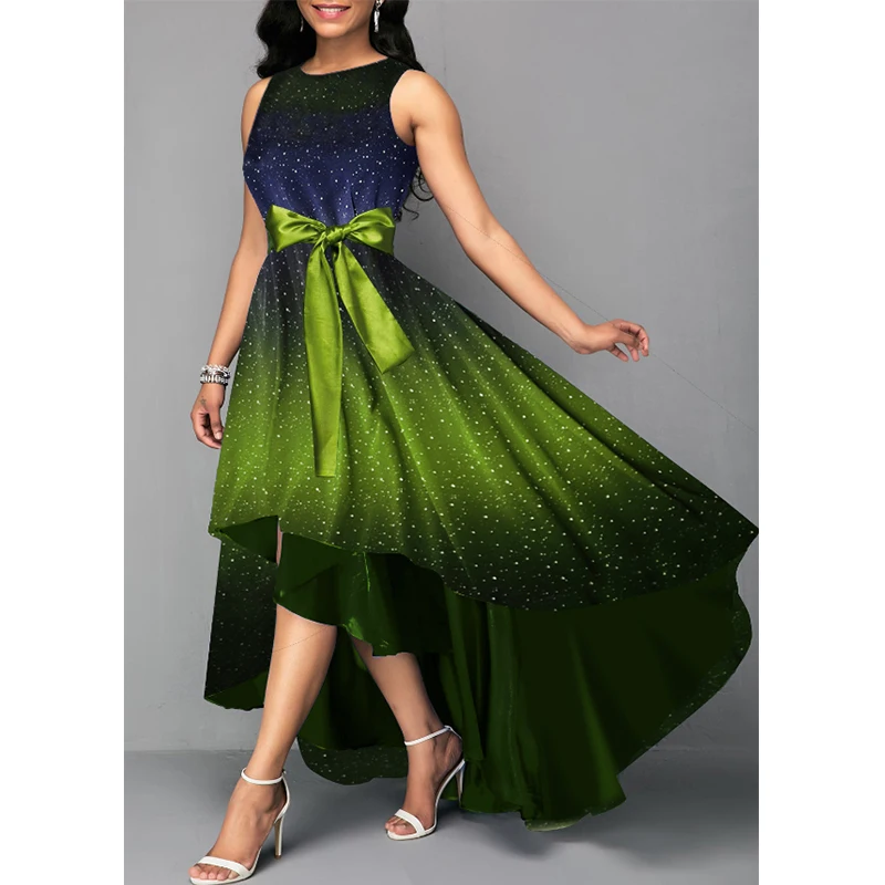 Летнее модное женское платье без рукавов с градиентом блестками и асимметричной