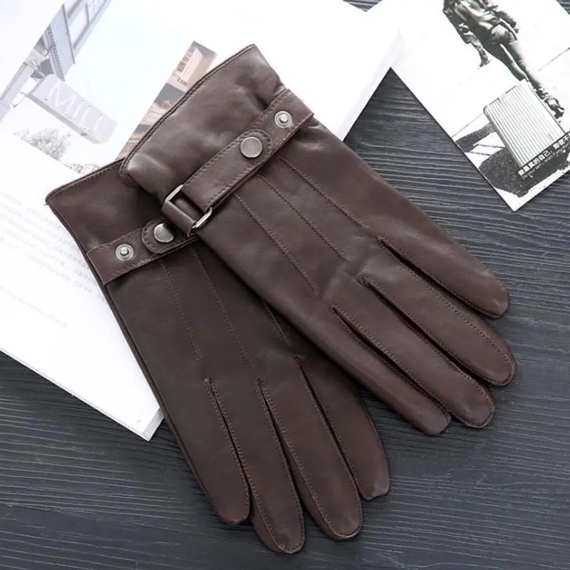 buckle brown Мужские перчатки из натуральной кожи, перчатки из козьей кожи, роскошные кожаные зимние супер теплые перчатки из кашемира, утолщенные шерстяные перчатки - Цвет: buckle brown