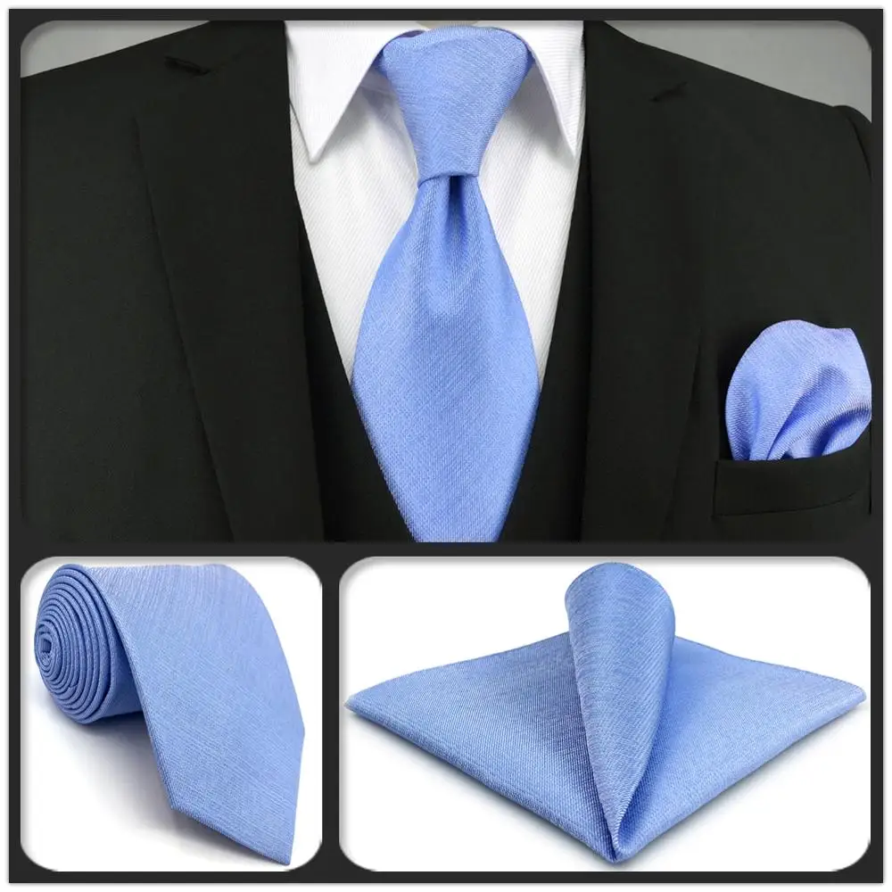 

D34 Light Blue Solid Silk Men Neckties Set Wedding Brand New Extra Long Size 63" 160cm Classic Fashion Ties for Male Hanky