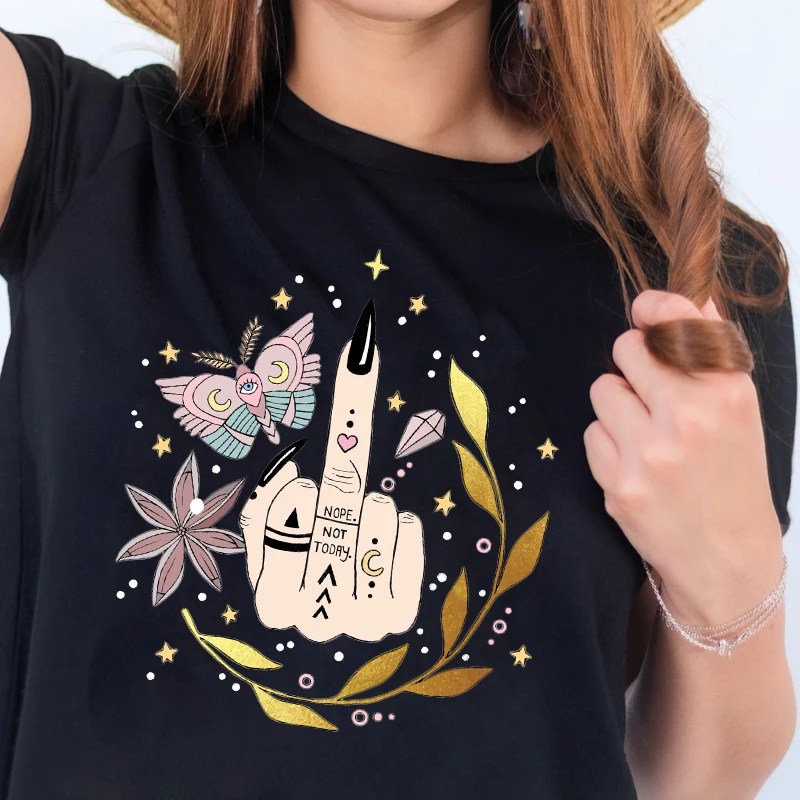 

Colored Nope Not Today Middle Finger T-shirt Celestial Luna Moth Witch Gothic Tshirt Aesthetic Witchy Woman Graphic Tee Top