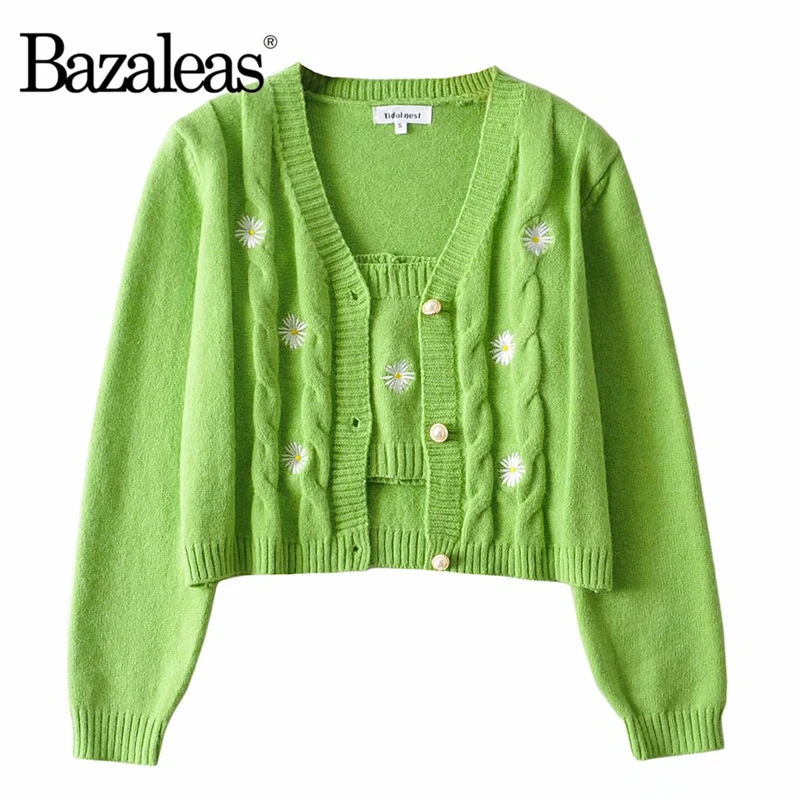 Винтажный кардиган Bazaleas с вышивкой маргариток женская уличная одежда зеленый