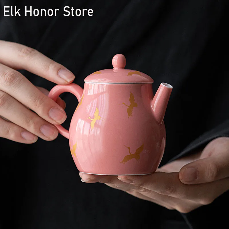 

120ml Peach Red Glazed Ceramic Teapot Hand Painted Crane Small Tea Pot With Filter Household Tea Making Pot Kung Fu Teaware Set