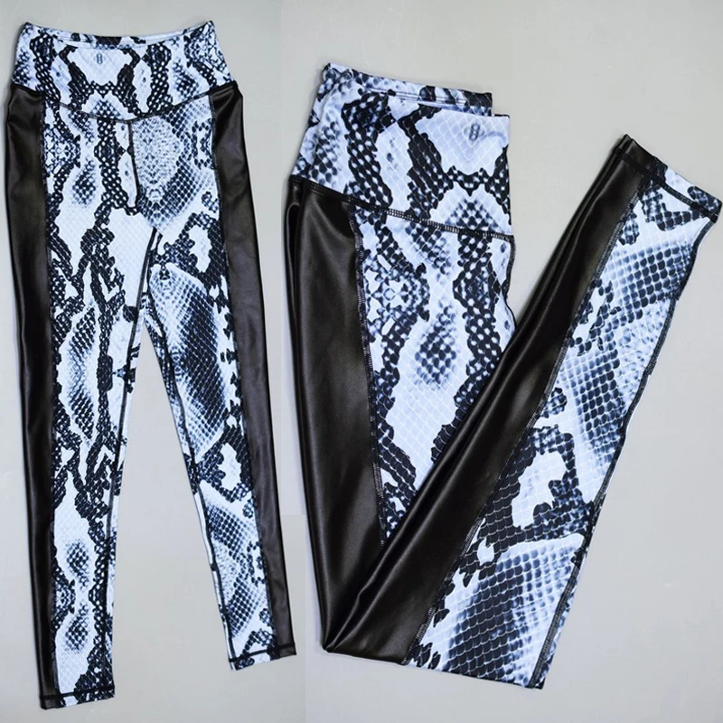 Колготки для бега женские леггинсы со змеиным принтом черные из искусственной