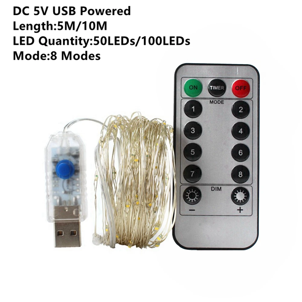 8 Modes- DC 5V USB 1 м 2 м 5 м 10 м 20 М медный провод светодиодный светильник-гирлянда Сказочный светильник s ночник для рождественской гирлянды год Рождество свадебное украшение - Испускаемый цвет: 8 Modes- DC 5V USB