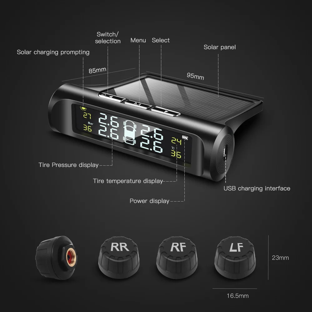 Умная автомобильная система контроля давления в шинах TPMS с солнечной батареей