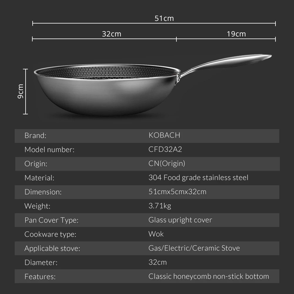 KOBACH-sart&eacute;n antiadherente de 32cm, utensilios de cocina de acero inoxidable, Fondo de panal, wok chino, sart&eacute;n antiadherente con tapa-2