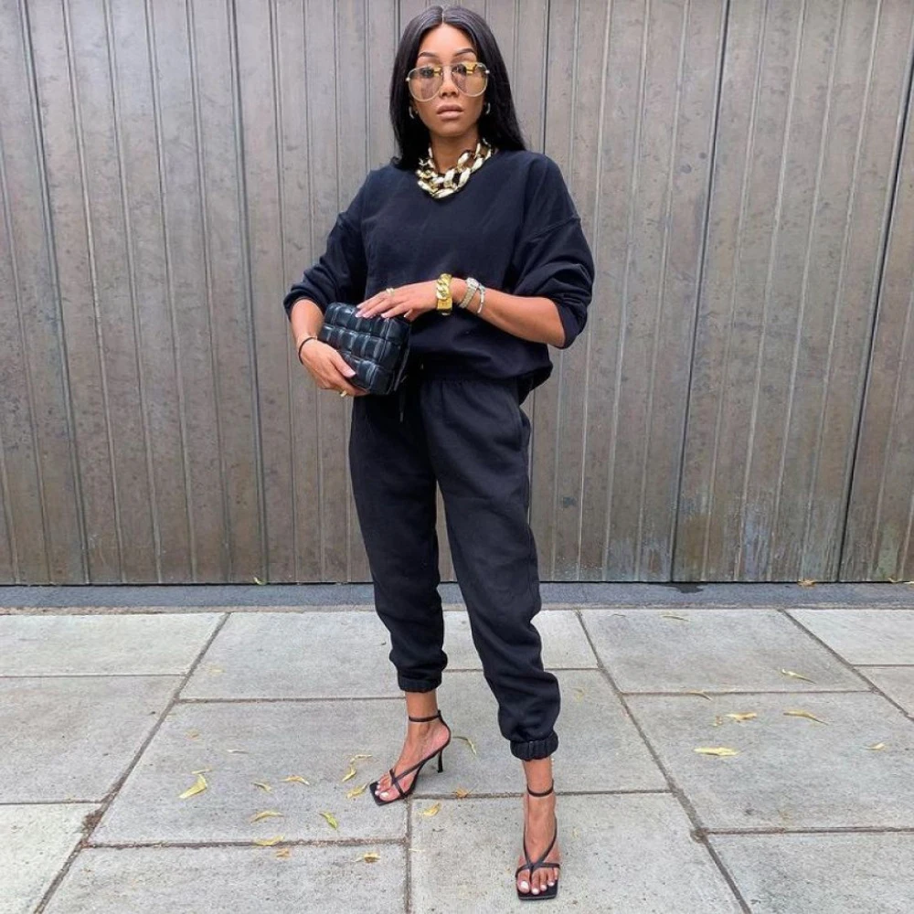 

Комплект из двух предметов Женский, Простой повседневный однотонный Свободный свитшот с длинным рукавом и Свободные мешковатые спортивные...