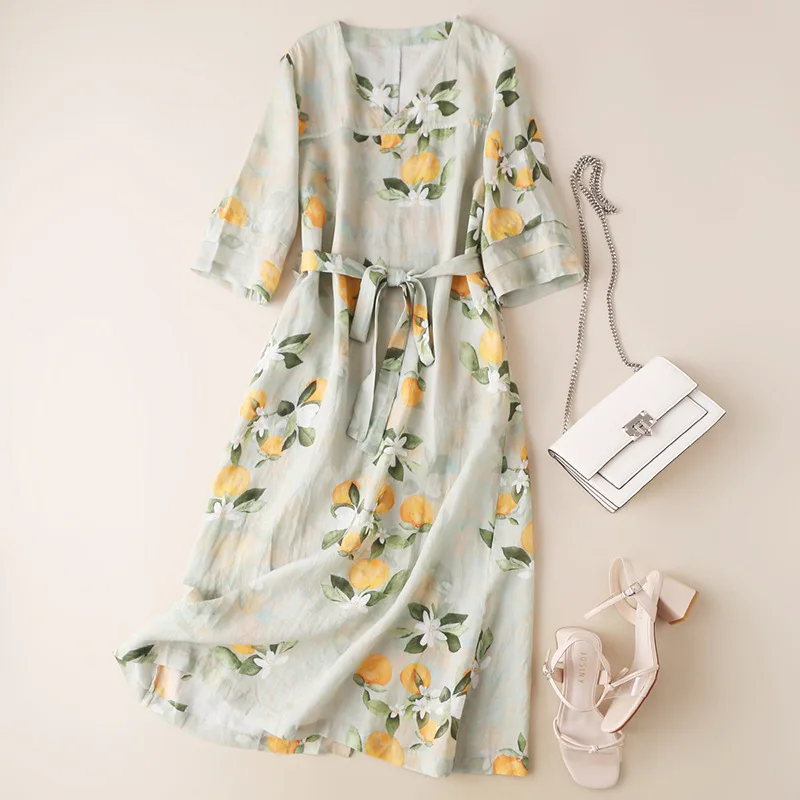 

Summer new product q8441 ramie dress V-neck cotton ramie floral long skirt short sleeve loose female