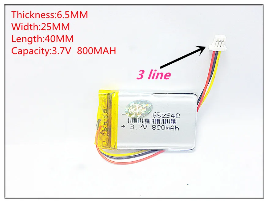 

3 line Free shipping small capacity rechargeable li-ion batteries 3.7v 800mah 652540 for toys LJ