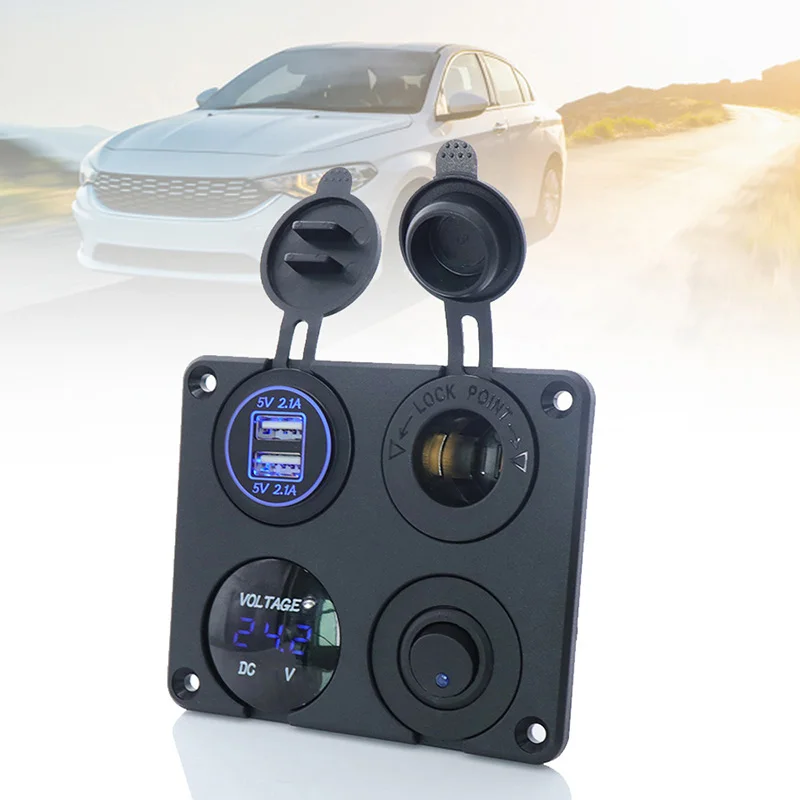 

Four-in-one Combination Panel with Blue LED DC 12-24V Car Voltmeter +2USB ABS Copper Universal Cigarette Lighter Socket Adapter