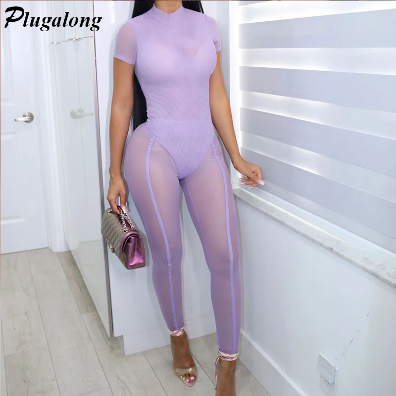 

Mesh See Through Two Piece Set Women Short Sleeve Bodysuits Pants Slim Solid Tracksuits Matching Outfits Beach Wear Summer Club
