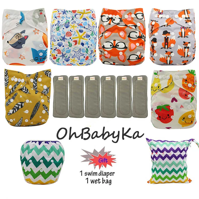 14 Ohbabyka водонепроницаемый детский карман пеленки Моющиеся Многоразовые подгузники из ткани детские подгузники 6 шт+ 6 шт микрофибры вставки+ 1 бесплатный подгузник мешок - Цвет: 14