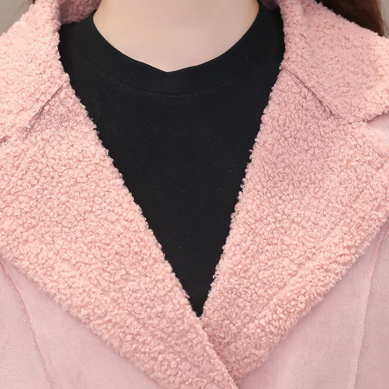 

Pink Faux Leather Suede Fur Sheepskin Trench Coat Women Korean Cropped Outerwear Loose Female Clothing Plus Size 3XL Autumn