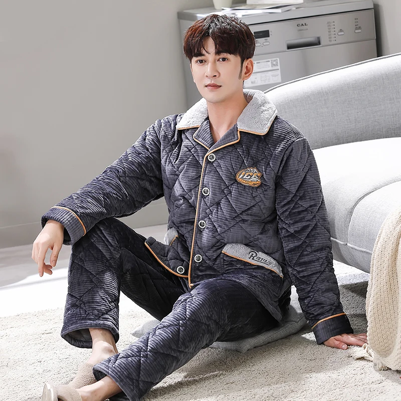 Men's splicing pajama sets three layer thickening winter pajamas men quilted jacket coral fleece quilted pyjamas male 3XL