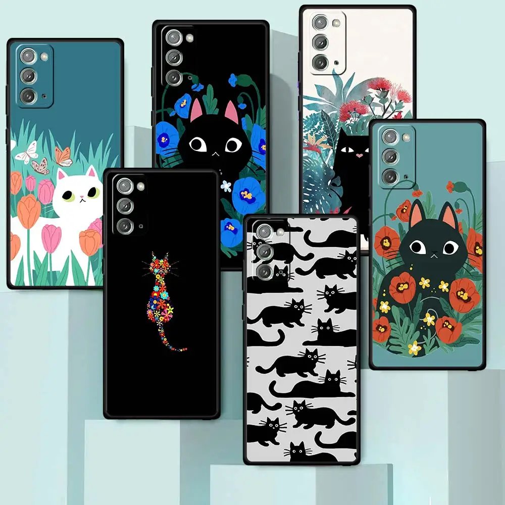 

Coques For Samsung Galaxy Note 20Ultra 10Plus 9 8 10Lite A22 Soft Phone Bumper A51 A71 A52 A32 Black Case Cat in Poppy Flowers