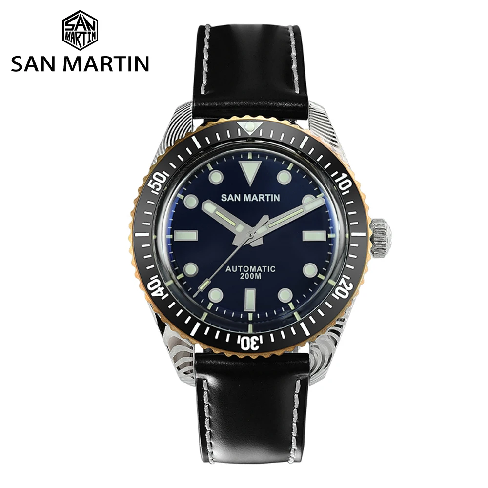 

San Martin Men Watch Fashion Luxury Damascus Steel Diver Automatic Watches Sapphire Ceramic Bezel SW200 Leather Luminous часы