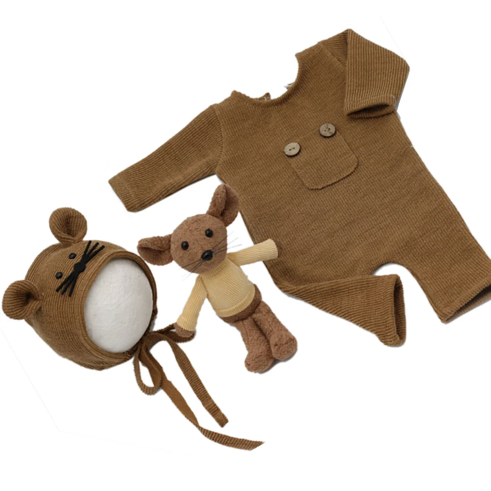 

4 Color Soft Knitted Jumpsuit + Hat + Doll Mouse Three-Piece Suit Costume Knitted Cotton Baby Photo Shoot Clothes Outfit