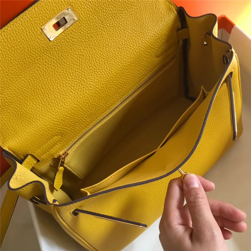 

2021 new litchi pattern platinum bag leather Kelly bag head layer cow leather women's bag one shoulder slant cross handbag large