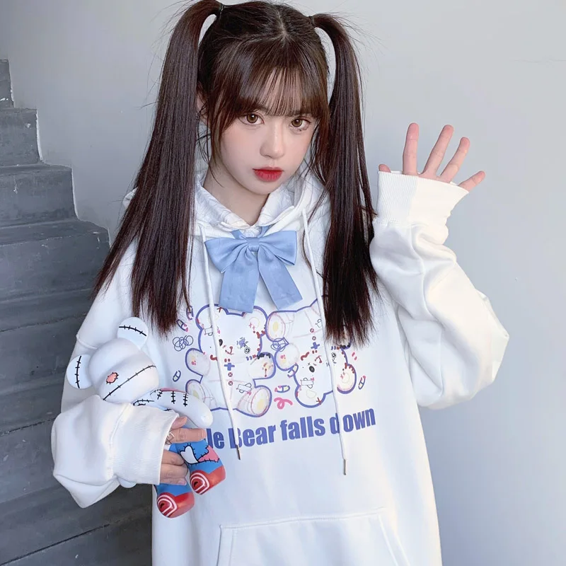 

Sweet Cute Handstand Bear Print Loose Thicken Hooded Girl Autumn Winter All-match INS Harajuku Pullover Female Hoodies Student