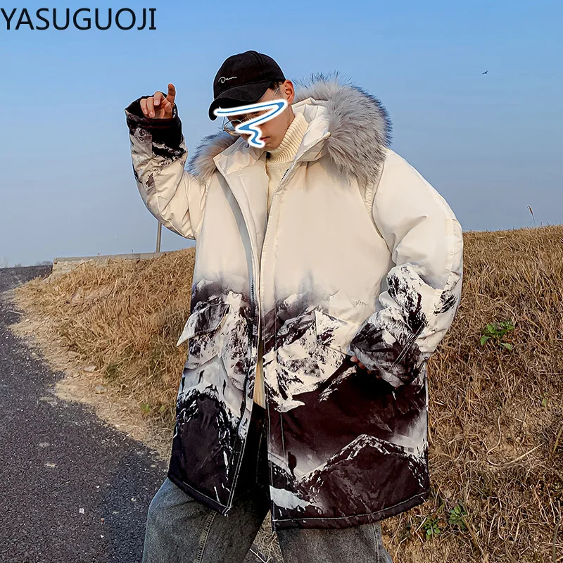 

YASUGUOJI Men's Winter Fur Hood Coat Warm Thick Parka Jacket Men New Fashion Snow Print Puffer Male casual Windproof Jackets