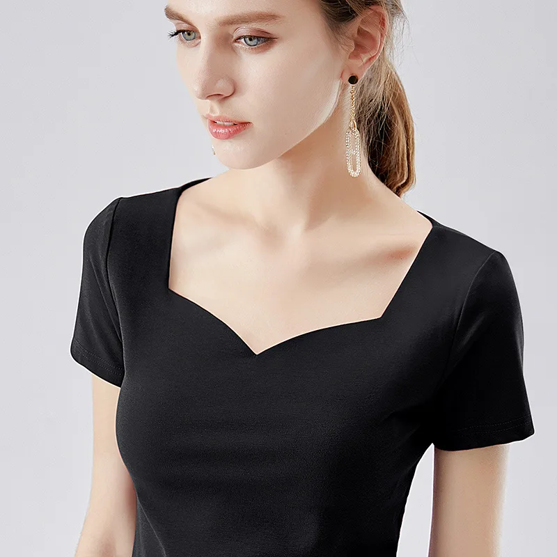 

Chelizi red T-shirt women's summer short sleeve T-shirt French square collar sexy clavicle top
