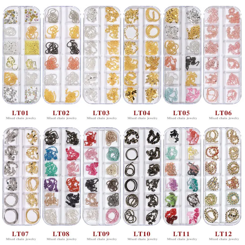 

1 box New nail accessories INS small chain 12 gold and silver box Colorful DIY Nail Art Decorarion paste metal chain