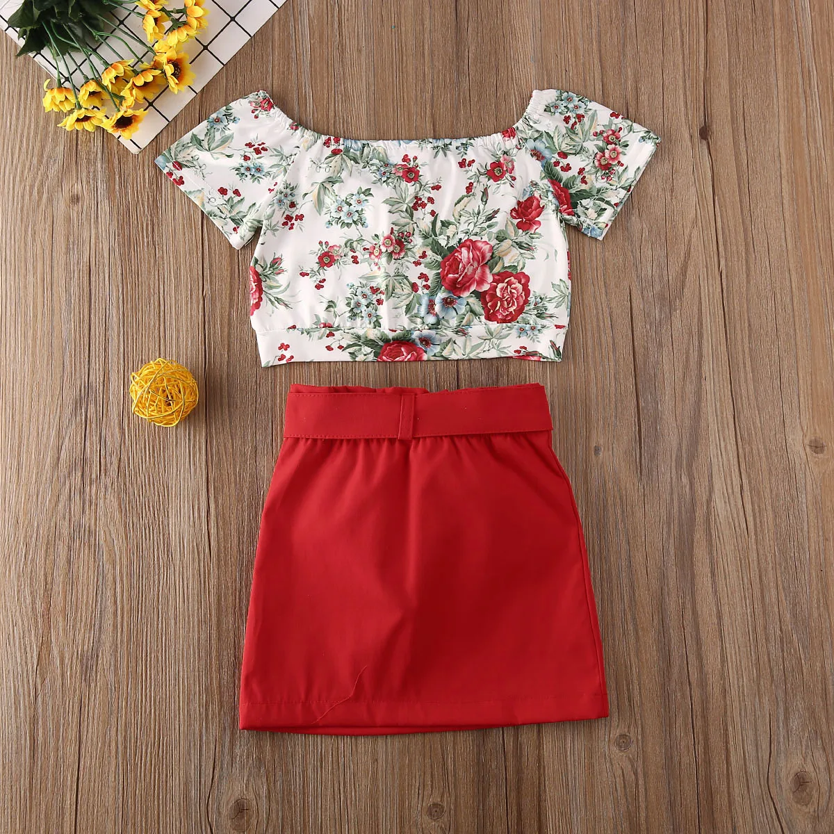 

Toddler Kids Baby Girl Short Sleeve Floral Tops Bowknot Mini Skirt Outfit Clothes Set Fashion Kids Suit