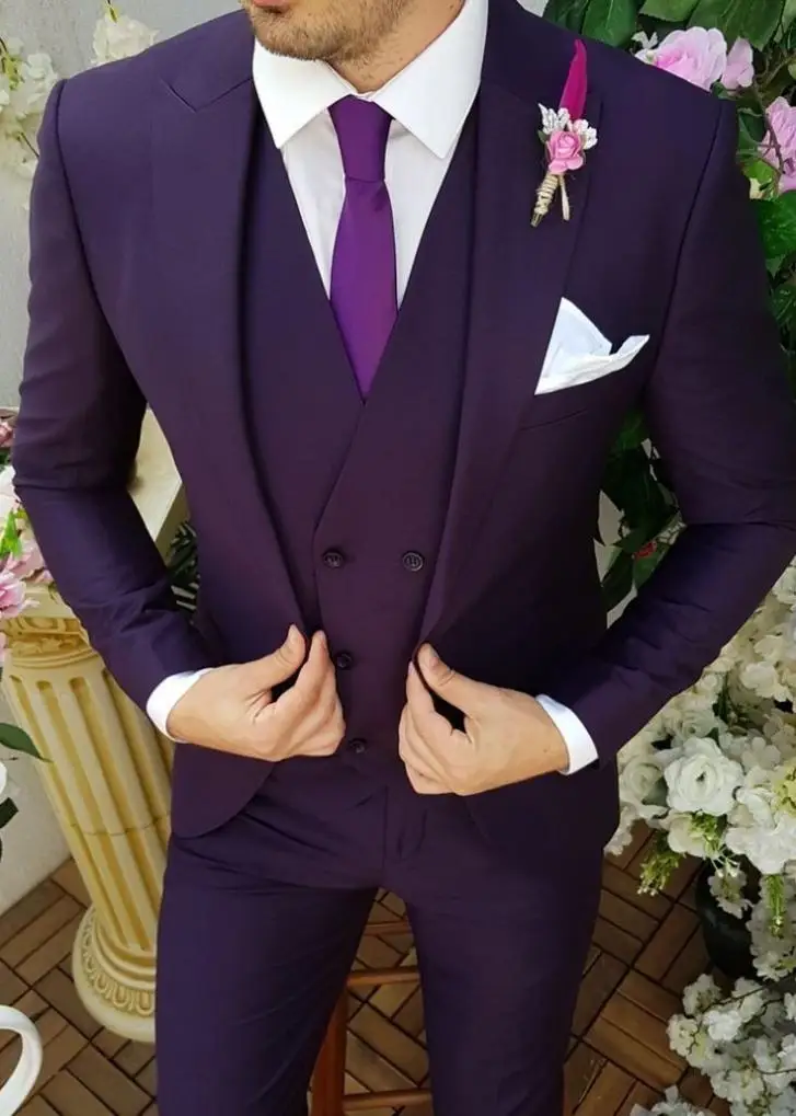 Purple Men's 2 Piece Peak Lapel Wedding Groom Tuxedos Groomsman Best Man Suits 