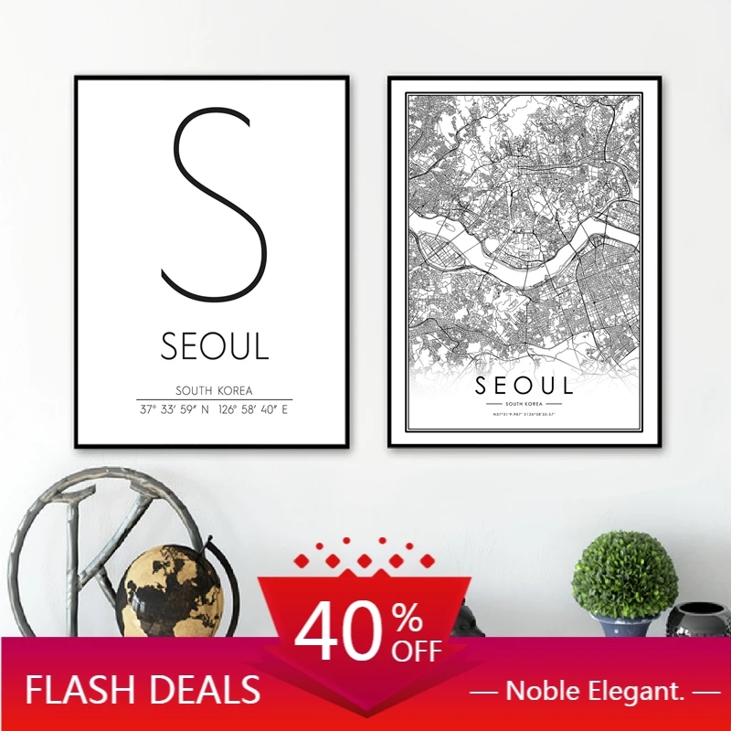 Холст Сеул координаты Корея Карта города принты черно-белый дорожный постер
