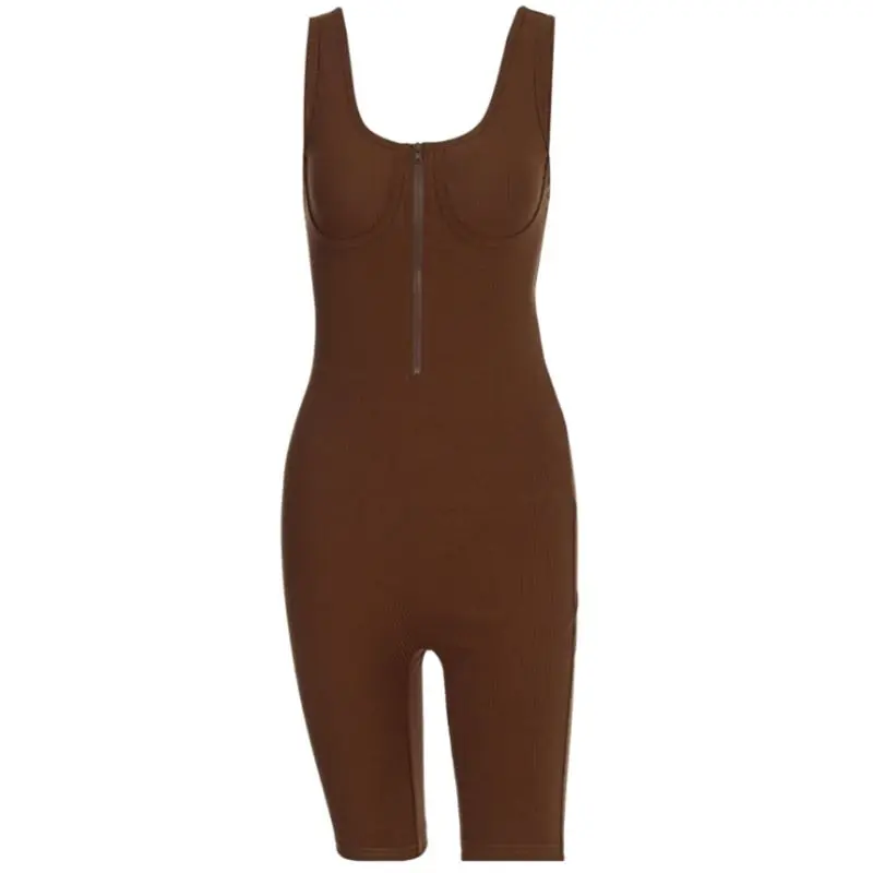 

Women Sexy V-Neck Zipper Sleeveless Jumpsuit Ribbed Bodycon Biker Shorts Rompers