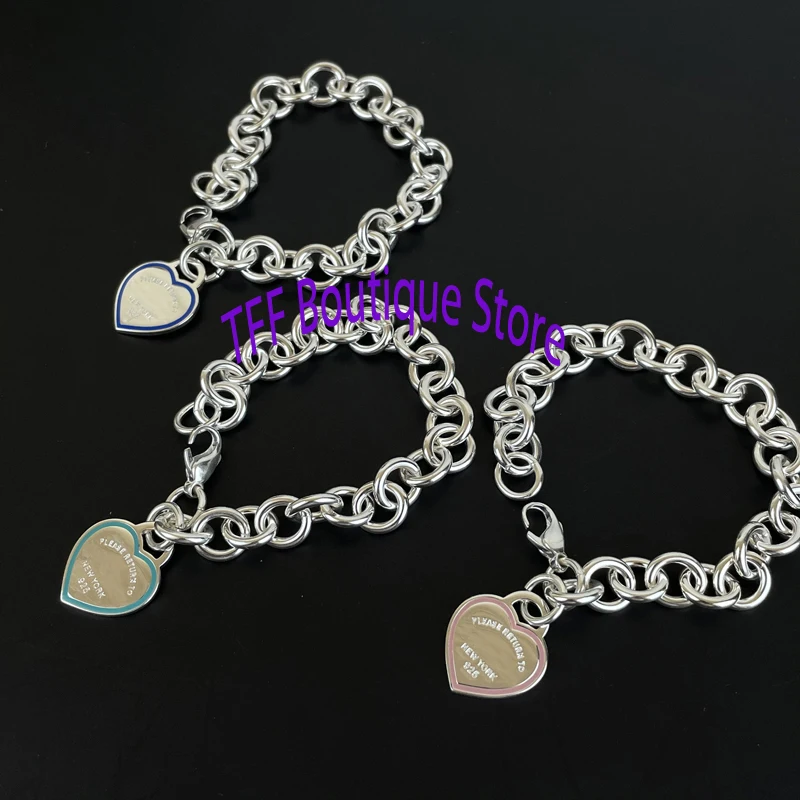 

New 1:1 original 925 sterling silver luxury fashion 4mm enamel heart brand ladies bracelet holiday gift