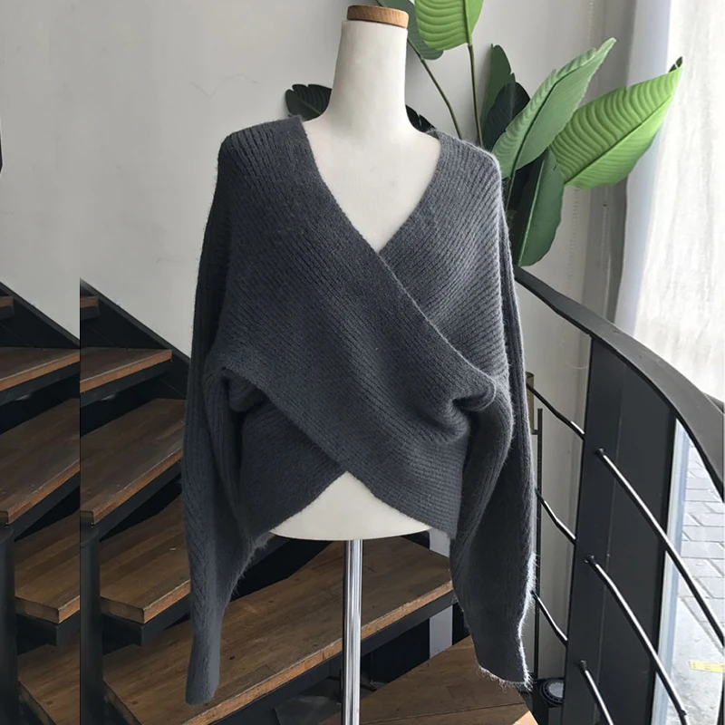 

2020 Women Autumn Sexy Knitted Sweater Vintage Cross Pullovers Casual V Neck Loose Jumpers Solid Irregular Hem Korean Sweater