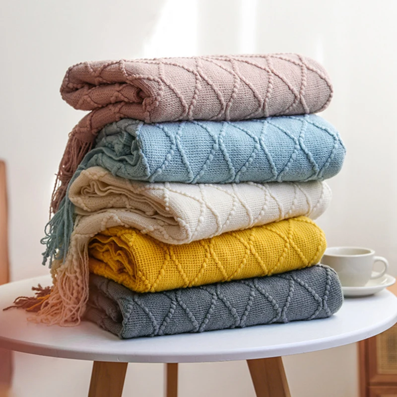 Manta de punto para cama, manta suave de Color s&oacute;lido para sof&aacute;, siesta para viajes, decoraci&oacute;n n&oacute;rdica, aire acondicionado, manta de punto-0