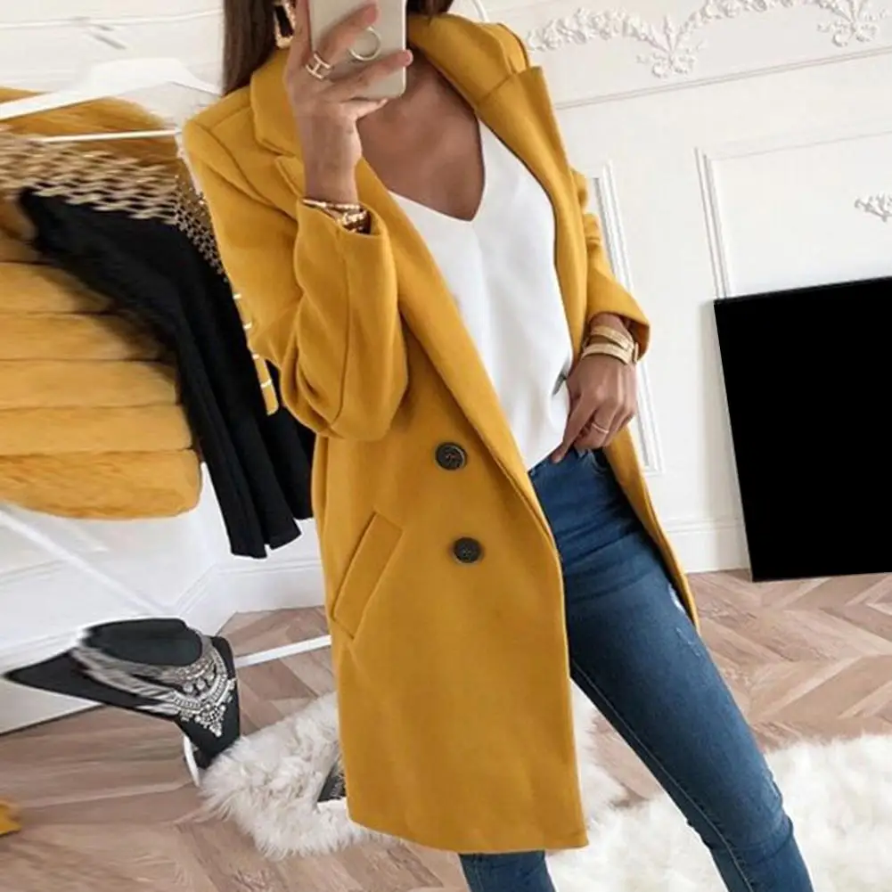 

Trendy Solid Color Fashion Women Long Sleeve Lapel Button Overcoat Simple Coat Loose Long Windbreaker Russia Style Chic Outwear