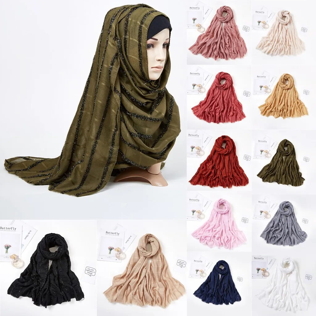 Женский Повседневный полосатый сверкающий длинный шарф мусульманский хиджаб