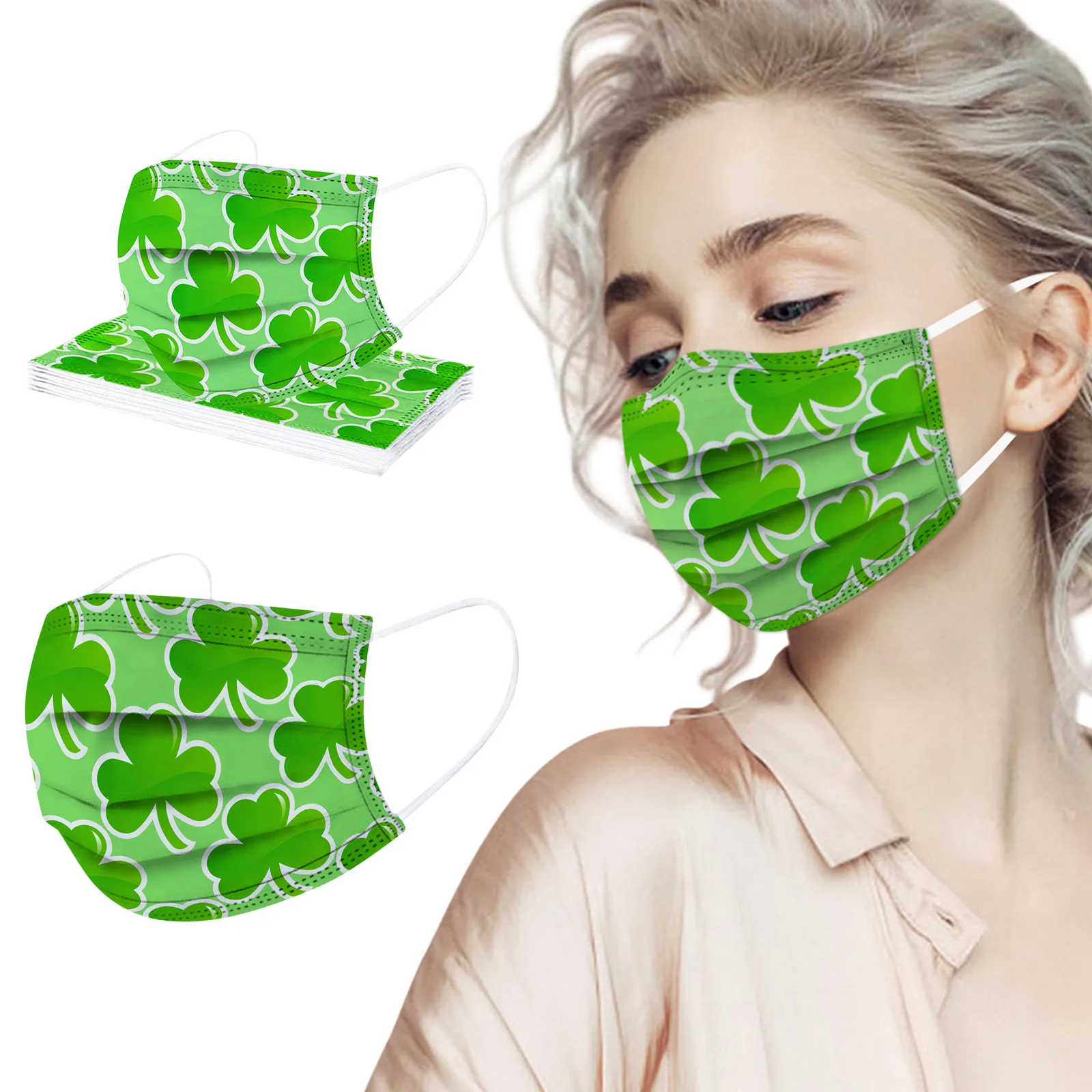 

10pcs Adult St. Patrick's Day Disposable Masks 3ply Non-wove Four leaf clover Mask Anti-dust mouth Mask Earloop Bandage Masques
