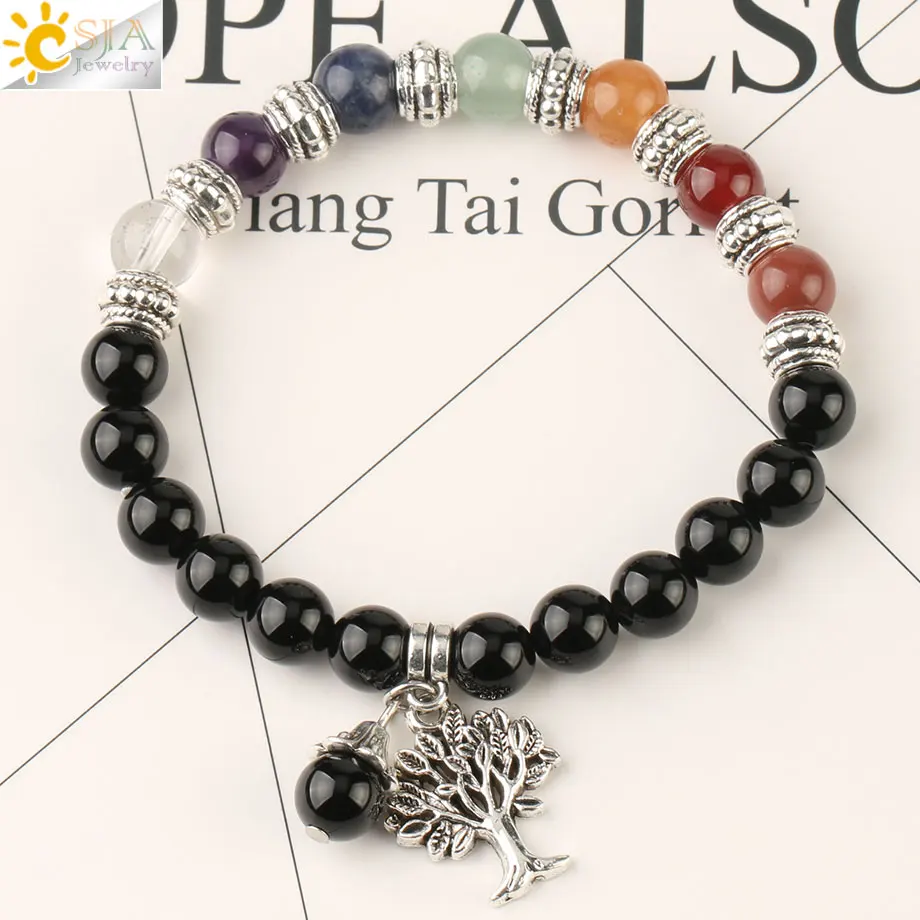 Black Onyx Csja рейки натуральный камень 7 Чакра Дерево жизни браслет смешанные цвета бисера Баланс йога браслет для женщин мужчин целебные ювелирные изделия G166 - Окраска металла: Black Onyx