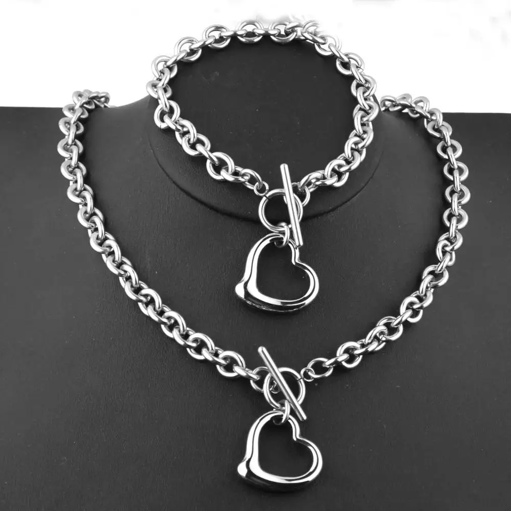 

Fashion Girls Choker Stainless Steel Heart Pendant Necklace Bracelet For Women's Jewelry Set