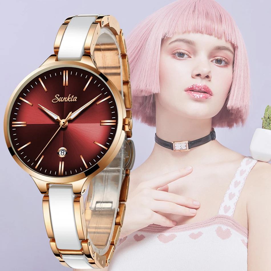 SUNKTA новые часы из розового золота Женские кварцевые женские топ брендовые