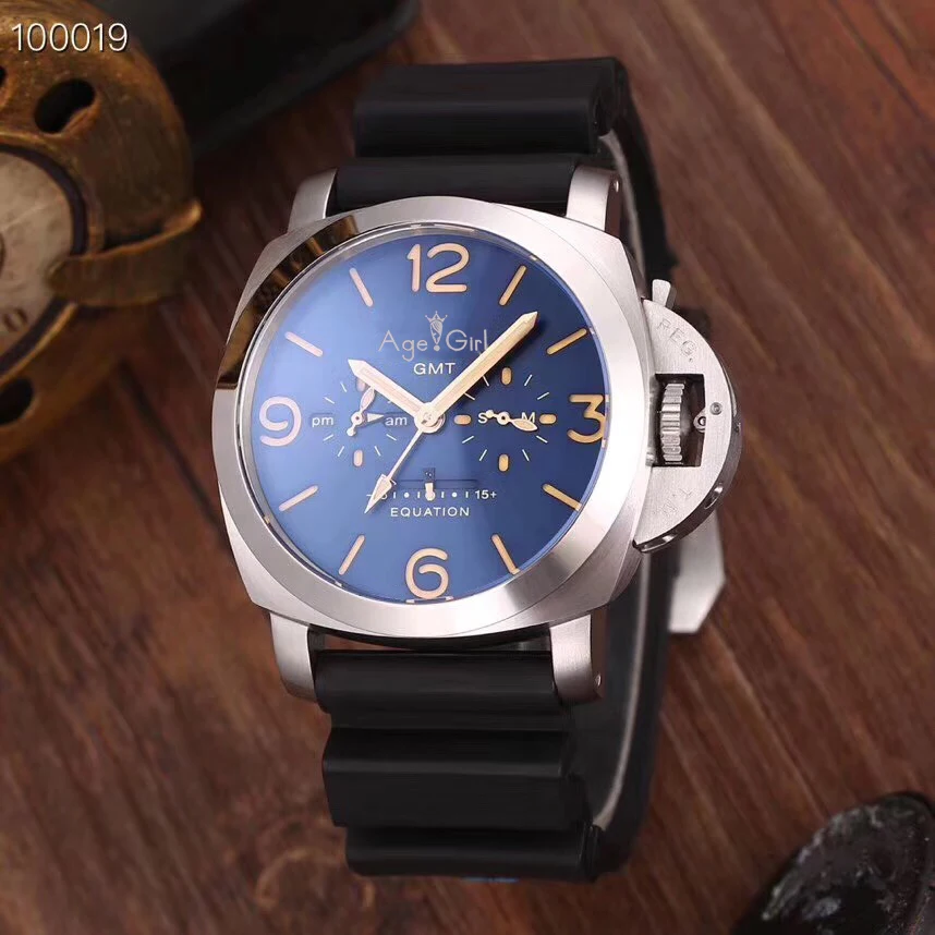 

Classic New Men Automatic Mechanical Stainless Steel Blue Leather Silver Luminous Equation Watches Limited GMT AAA+ 44mm