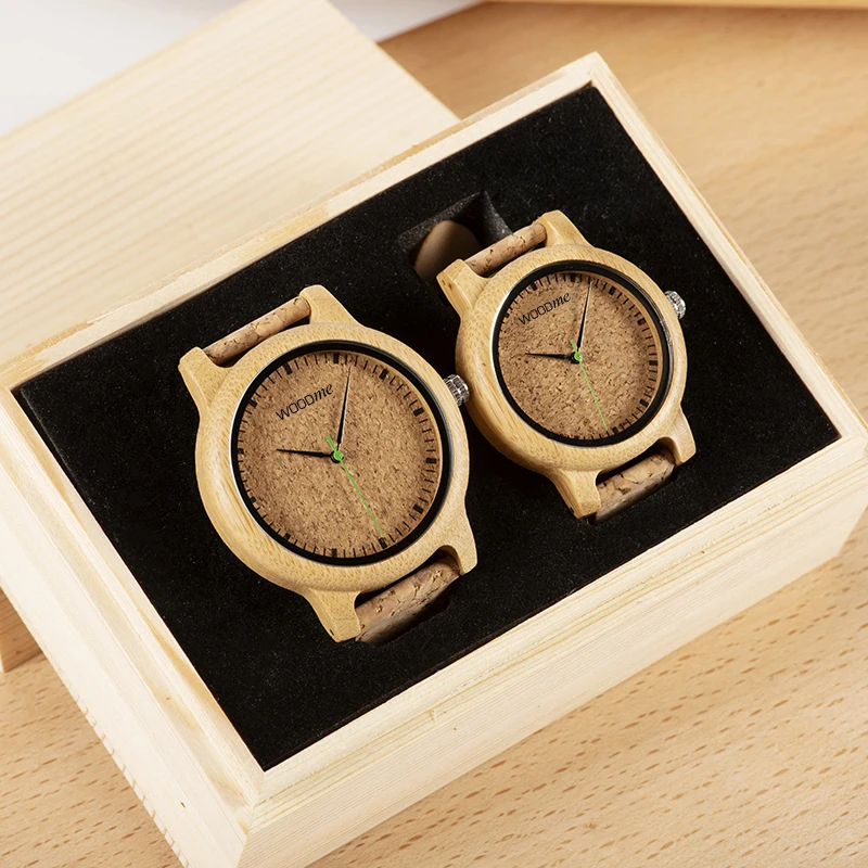 

WOODme Simple Design Couple Watches Wooden Timepiece Handmade Cork Strap Bamboo Women Watch Gift Box Accept Custom Dropshipping