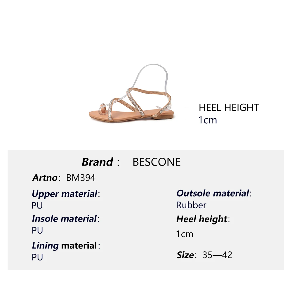 

BESCONE Fashion Women Sandals Casual Flat With Bling Decoration Gladiator Rome Slip-On Shoes Comfortable Concise Sandals BM394