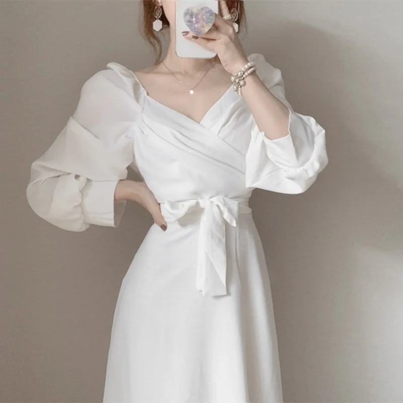

Korean chic early autumn French collarbone collar waist strap chiffon dress Rac