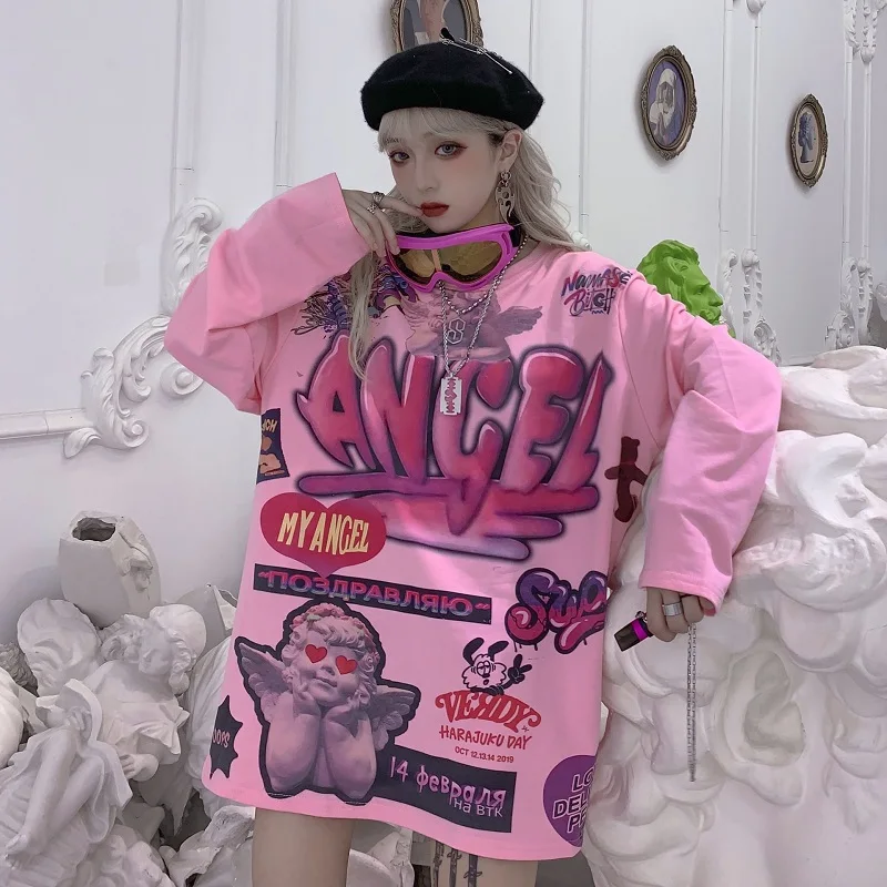 Harajuku ins/футболки с длинными рукавами круглым вырезом рисунком из мультфильма